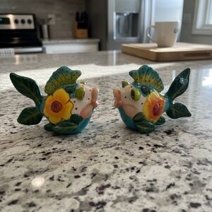 Whimsical Blue Sky Kissing Fish Flowers Ceramic Salt & Pepper Shakers